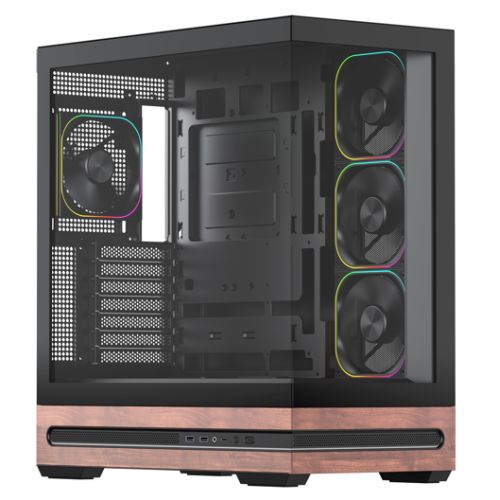 Vida Elegance Black ARGB Gaming Case w/ Glass Side & Front, ATX, Real Wood PSU Shroud, 4x ARGB PWM Fans, Fan Hub & Remote, USB-C, Asus BTF Compatible